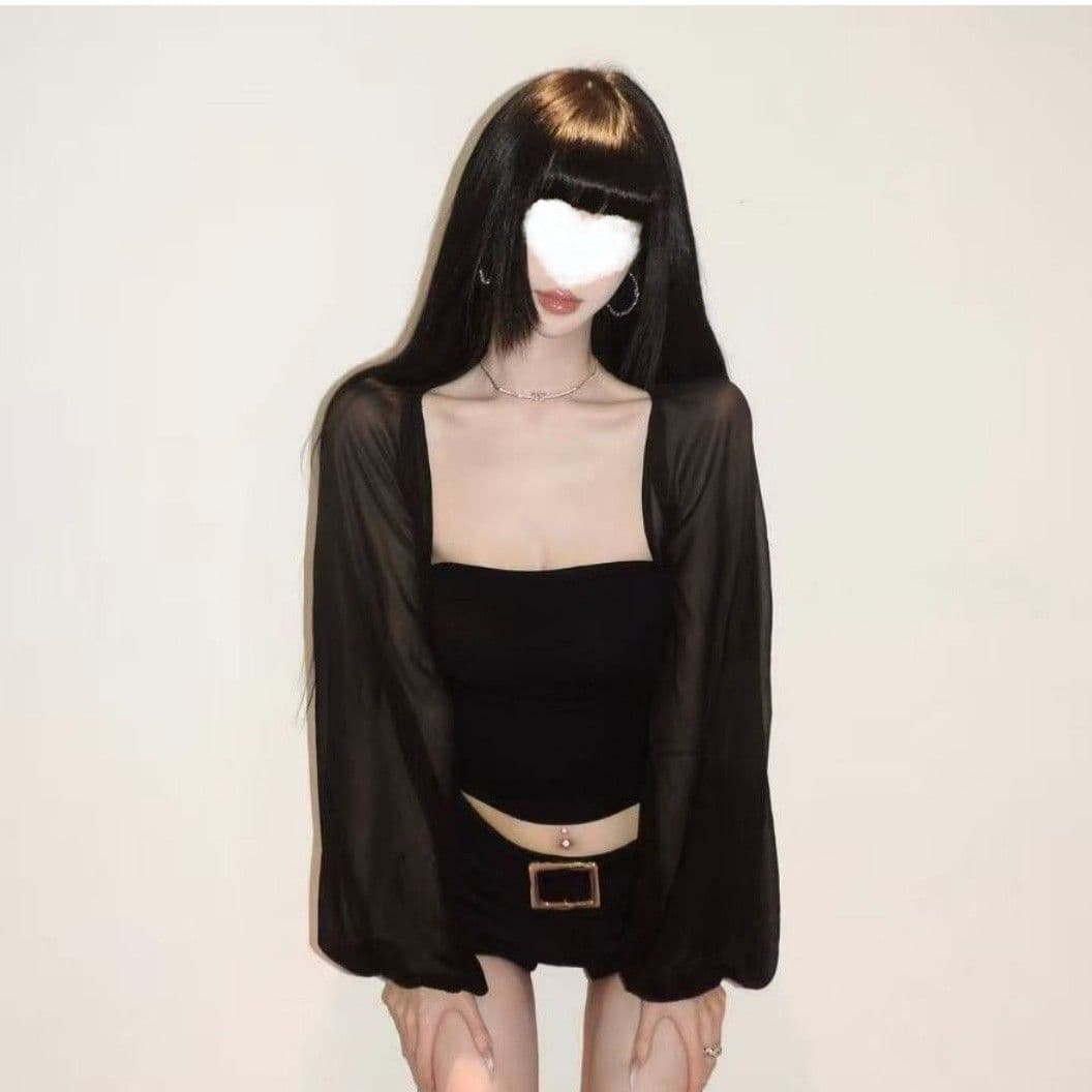 사람들 면 260 그램 핫걸 망사 패치워크 벌룬 소매 긴팔 티셔츠 여성 여름 마이크로 ~을 통해 의류 여성 상세 이미지 4