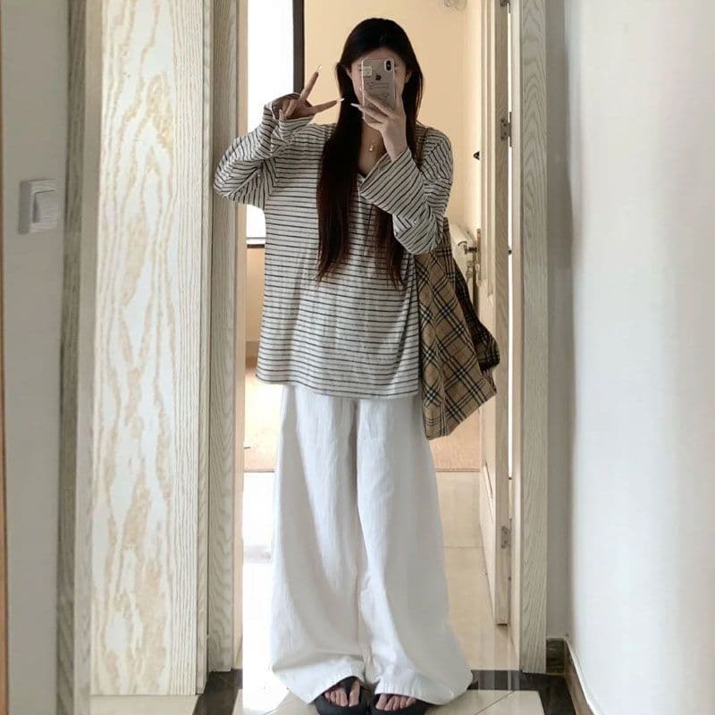 원본 솜씨 느긋한 느슨함 센스 스트라이프 긴팔 티셔츠 여성 상세 이미지 10