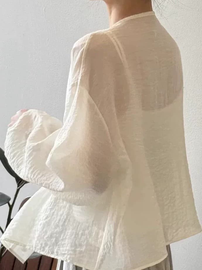 2026 느긋한 바람 면 린넨 셔츠 여성 코트 여름 외부 가져 가라. Tulle 블라우스 자외선 차단 오픈 가디건 에어컨 셔츠 맨위