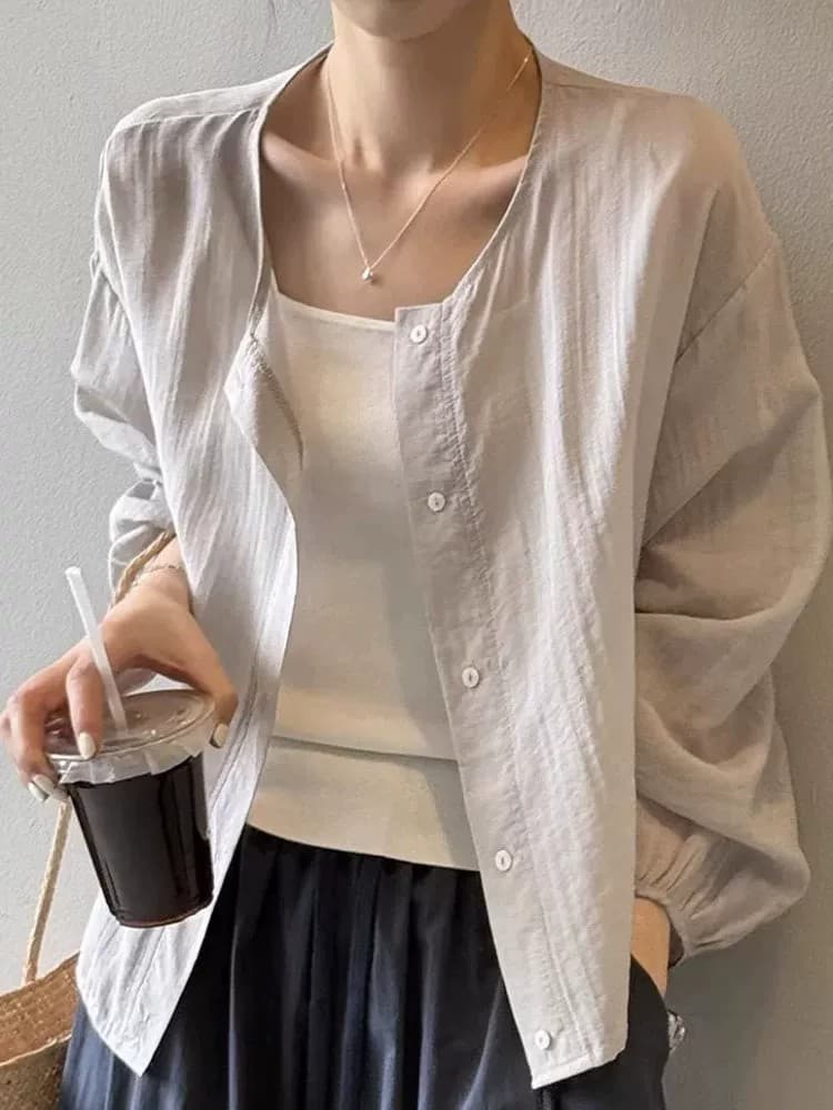 2026 느긋한 바람 면 린넨 셔츠 여성 코트 여름 외부 가져 가라. Tulle 블라우스 자외선 차단 오픈 가디건 에어컨 셔츠 맨위 상세 이미지 4