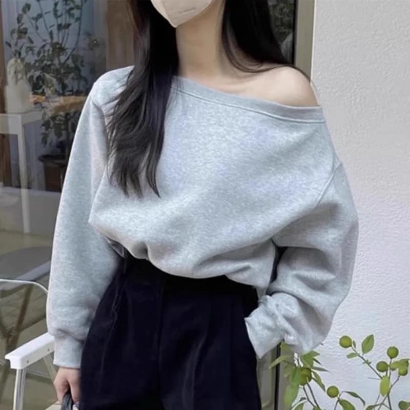 한국 chic 가을 겨울 작은 대중 품격 보트넥 오프숄더 루즈핏 캐주얼 다용도 쇼트 스타일 긴팔 단색 후드티 여성