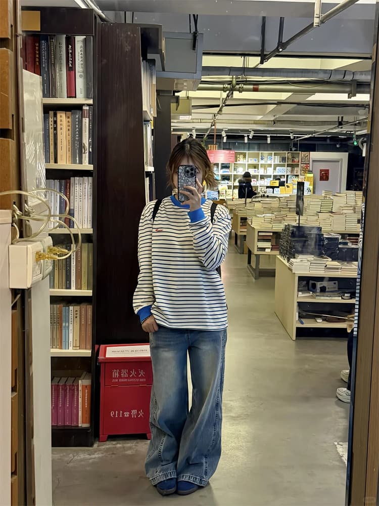 220g 순면 이후 패키지 칼라 전후 알파벳 프린트 스트라이프 긴팔 티셔츠 여성 상세 이미지 3