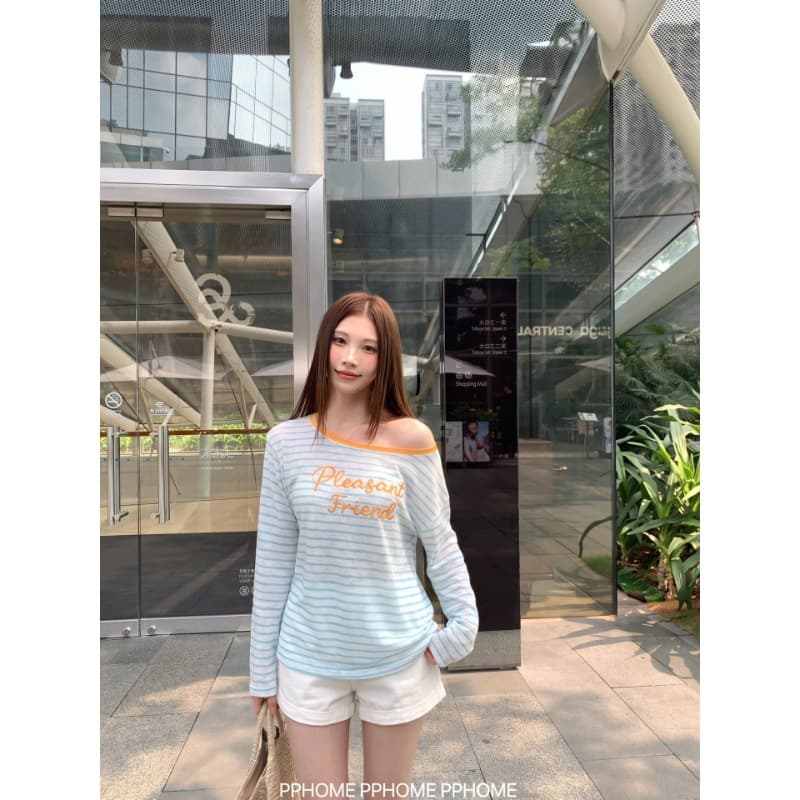주간 실크 눈꽃 느긋한 수식 한 부서 스트라이프 자수 알파벳 긴팔 티셔츠 여성 가을 다용도 슬림해 보이는 맨위 이미지 4