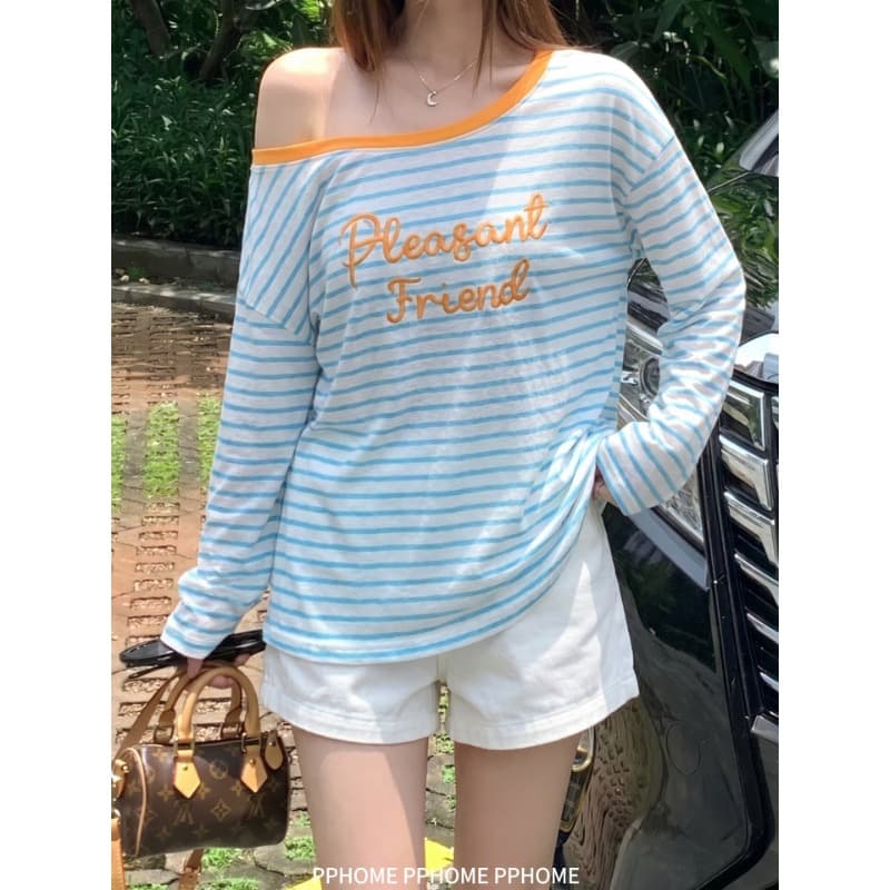 주간 실크 눈꽃 느긋한 수식 한 부서 스트라이프 자수 알파벳 긴팔 티셔츠 여성 가을 다용도 슬림해 보이는 맨위 상세 이미지 6