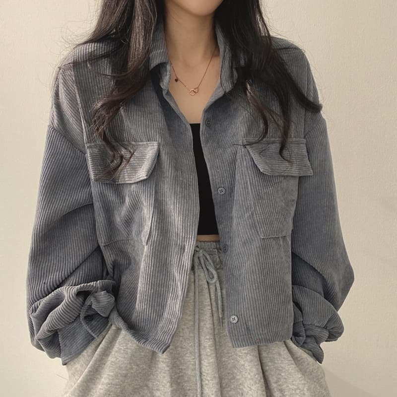 한국 chic 가을 프랑스식 레트로 다용도 싱글 줄 버튼 폴로 칼라 쇼트 스타일 코듀로이 셔츠 긴팔 여성 코트 트렌디