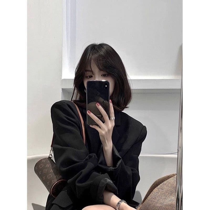 원본 것 고급 센스 검정색 정장 여성 코트 가을 새로운 한국 스타일 루즈핏 작은 키 정장 맨위 이미지 3
