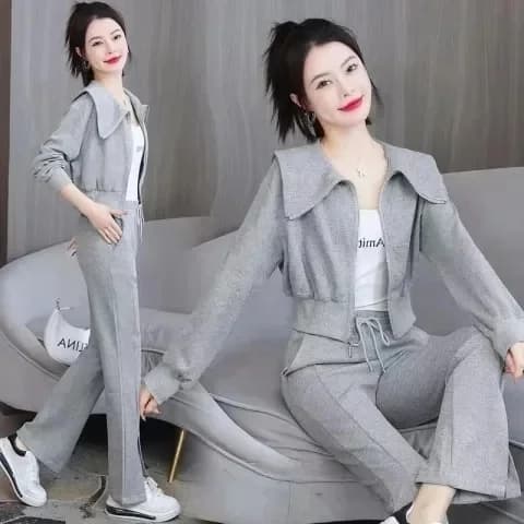 2027 년 새로운 긴팔 재킷 후드티 하이웨이스트 와이드 레그 팬츠 캐주얼 운동 패션 투피스 슈트 여성 ins 트렌디 상세 이미지 4