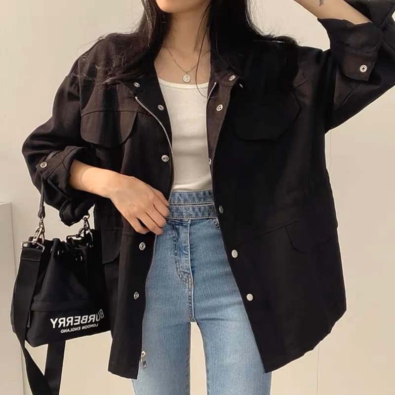 한국 chic 가을 레트로 품격 가짜 주머니 디자인 펌프 로프 허리 수축 슬림해 보이는 워크웨어 재킷 바람막이 여성 코트 상세 이미지 4