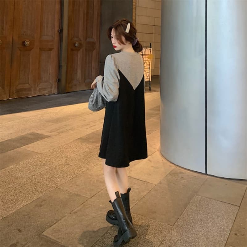 2026 가을 겨울 새로운 디자인 센스 여신 팬 품격 허리 수축 슬림해 보이는 패치워크 여성 드레스 이미지 3