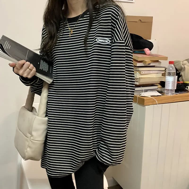 학원 스타일 패치워크 색상 스트라이프 티셔츠 한국 스타일 알파벳 표준 풀오버 셔츠 루즈핏 슬림해 보이는 라운드 넥 맨위 여성 상세 이미지 2