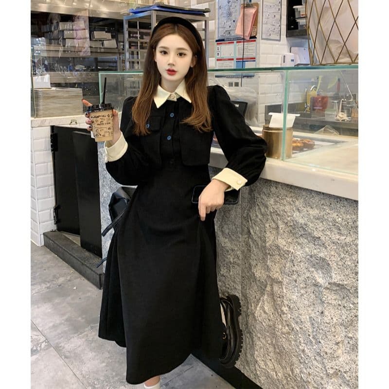 조기 가을 치마 2026 년 새로운 검정색 프랑스식 여성 드레스 봄과 가을 옷 인사이드 가져 가라. 페이크 레이어드 허리 수축 롱 스커트 이미지 4