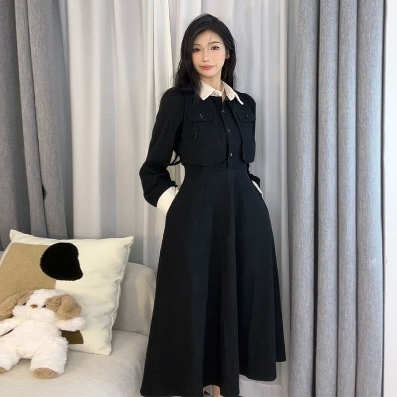 조기 가을 치마 2026 년 새로운 검정색 프랑스식 여성 드레스 봄과 가을 옷 인사이드 가져 가라. 페이크 레이어드 허리 수축 롱 스커트