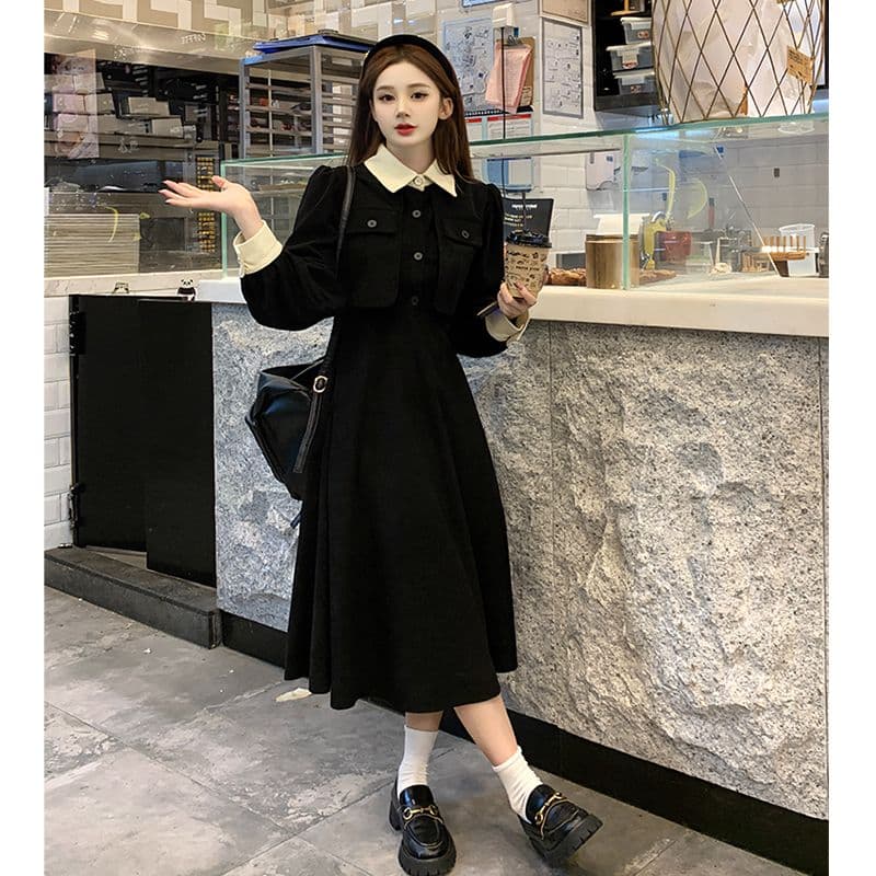 조기 가을 치마 2026 년 새로운 검정색 프랑스식 여성 드레스 봄과 가을 옷 인사이드 가져 가라. 페이크 레이어드 허리 수축 롱 스커트 상세 이미지 1