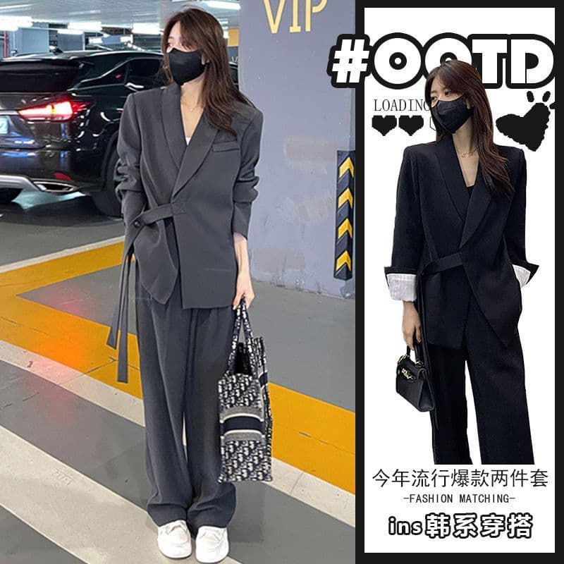 봄 가을 2026 새로운 여성 의류 정장 세트 소금 부서 착용 가져 가라. 로얄 자매 빛 요리 한 고급 센스 와이드 레그 팬츠 투피스 세트 상세 이미지 1