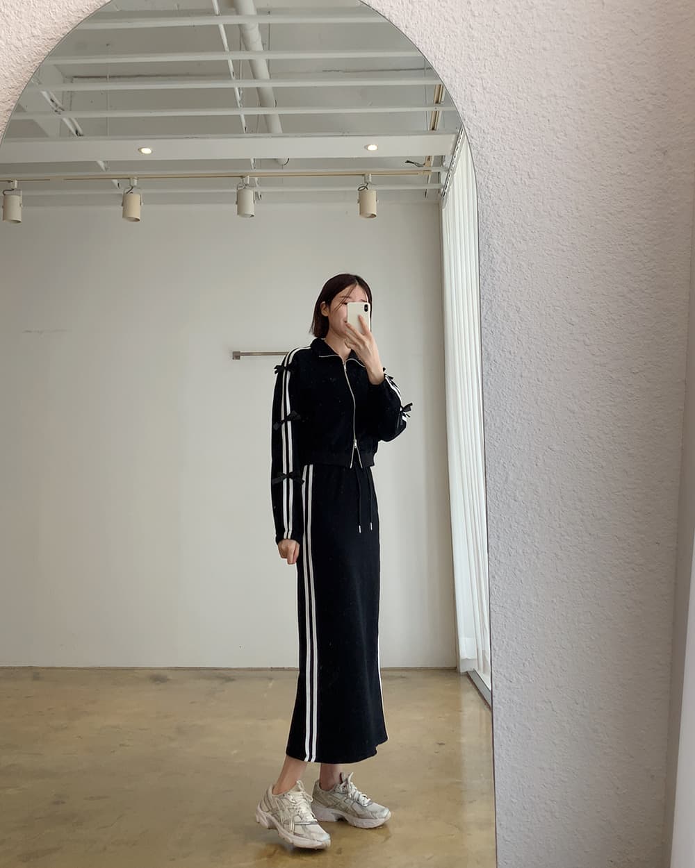 한국 chic 가을 작은 대중 연령 감소 나비 매듭 꾸밈음 스트라이프 긴팔 재킷 스트레이트 반신 스커트 롱 스커트 여성 상세 이미지 2
