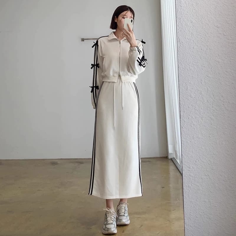 한국 chic 가을 작은 대중 연령 감소 나비 매듭 꾸밈음 스트라이프 긴팔 재킷 스트레이트 반신 스커트 롱 스커트 여성 상세 이미지 7