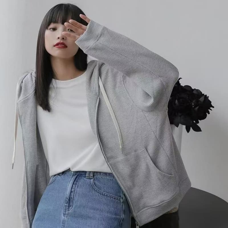 2026 새로운 봄 가을 루즈핏 캐주얼 지퍼 재킷 학생 단색 오픈 가디건 후아 남편 그리드 재킷 상세 이미지 10
