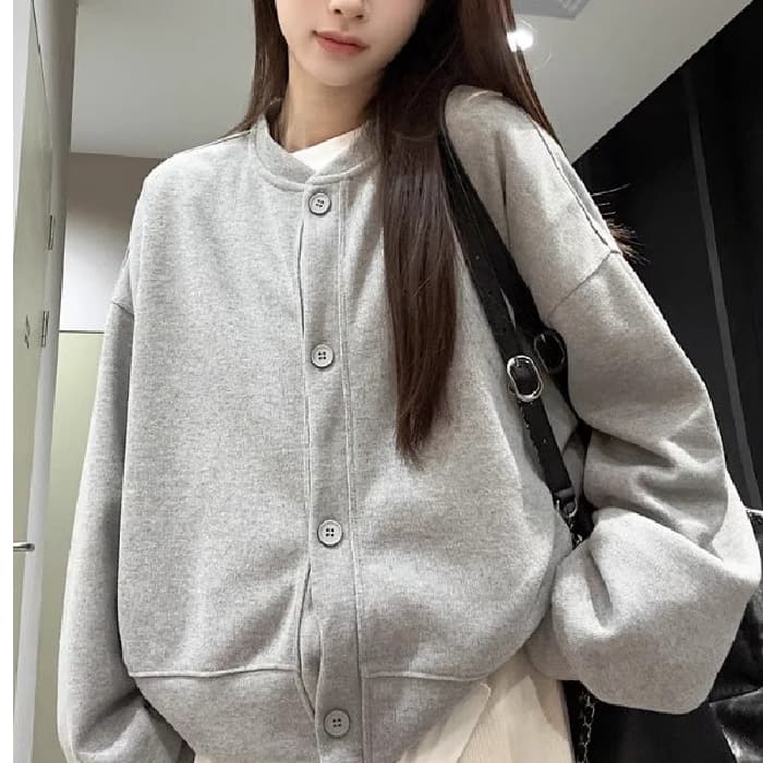 원본 살구 색상 긴팔 오픈 가디건 라운드 넥 후드티 여성 미니멀리즘 야구 유니폼 루즈핏 캐주얼 재킷 상세 이미지 1