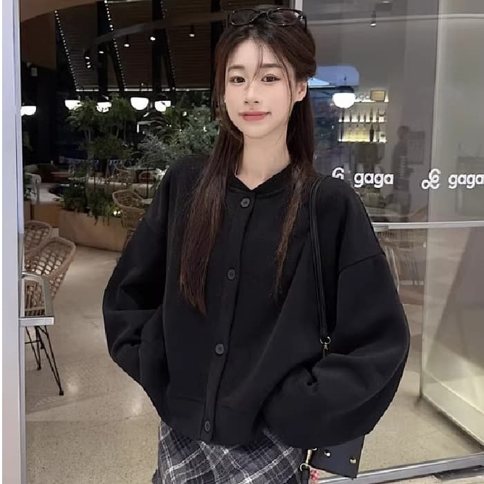원본 살구 색상 긴팔 오픈 가디건 라운드 넥 후드티 여성 미니멀리즘 야구 유니폼 루즈핏 캐주얼 재킷 상세 이미지 8