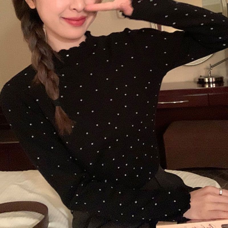 1 1 De 플러시 프릴 반하이넥 도트 무늬 기본 셔츠 여성 가을 겨울 몸매 가꾸기 인사이드 가져 가라. 긴팔 맨위 상세 이미지 9