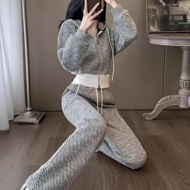 한 부서 후드 캐주얼 스포츠 슈트 여성 봄 가을 착용 가져 가라. 고급 센스 유럽 상품 패션 외국 가스 와이드 레그 팬츠 투피스 세트 상세 이미지 2