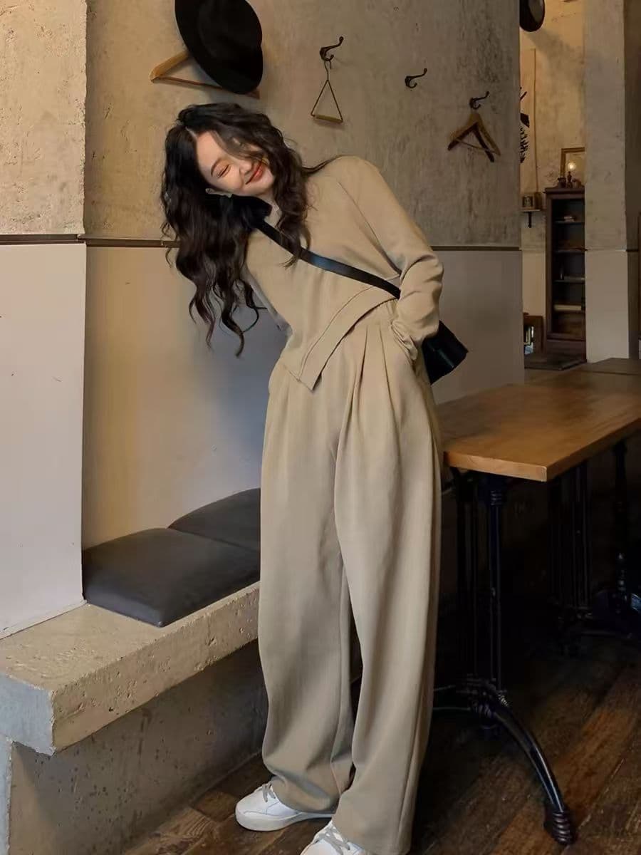 모방 면 스포츠 슈트 여성 봄 가을 한국 스타일 학생 루즈핏 패션 작은 키 캐주얼 투피스 세트 러닝 서비스 이미지 3