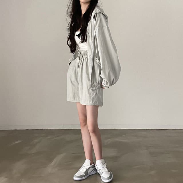 한국 chic 여름 미니멀리즘 품격 펌프 로프 후드 지퍼 자외선 차단 재킷 레이스업 하이웨이스트 운동 반바지 여성 상세 이미지 2