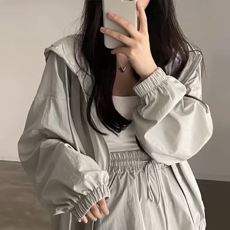 한국 chic 여름 미니멀리즘 품격 펌프 로프 후드 지퍼 자외선 차단 재킷 레이스업 하이웨이스트 운동 반바지 여성 상세 이미지 7