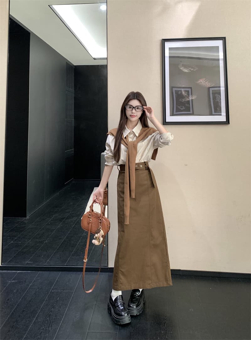 황혼 시애틀 봄 한 부서 레트로 스트라이프 빛 요리 한 바람 느슨함 외국 가스 슬림해 보이는 일상 투피스 세트 이미지 3