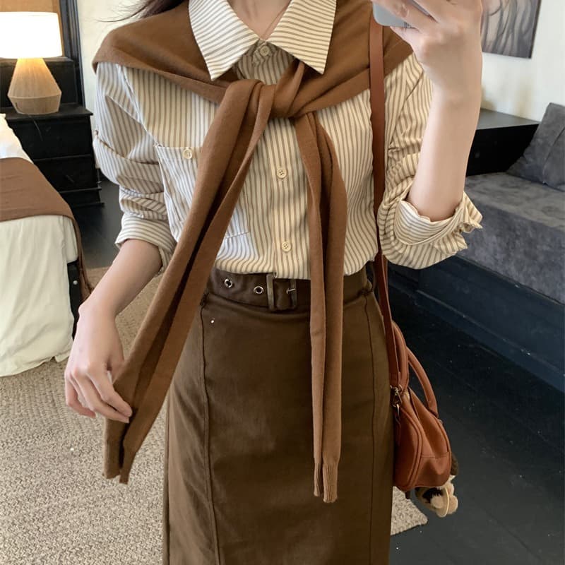황혼 시애틀 봄 한 부서 레트로 스트라이프 빛 요리 한 바람 느슨함 외국 가스 슬림해 보이는 일상 투피스 세트 이미지 5
