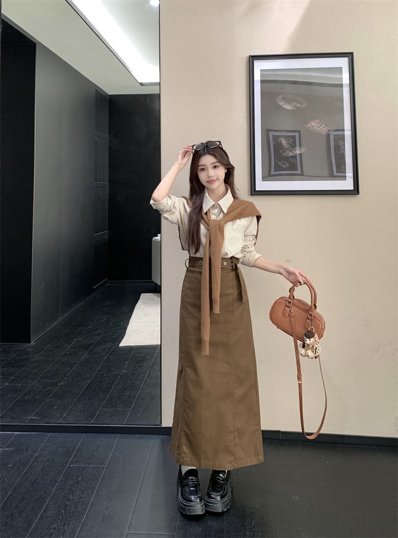 황혼 시애틀 봄 한 부서 레트로 스트라이프 빛 요리 한 바람 느슨함 외국 가스 슬림해 보이는 일상 투피스 세트 상세 이미지 6