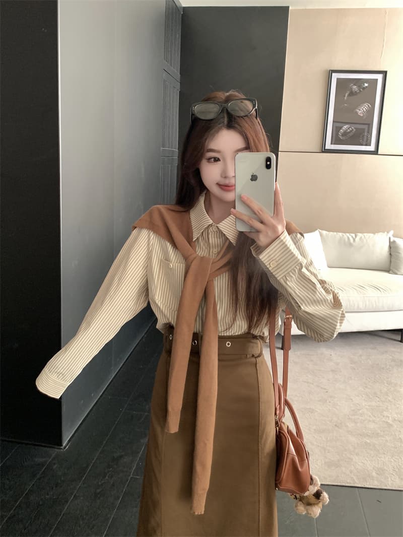 황혼 시애틀 봄 한 부서 레트로 스트라이프 빛 요리 한 바람 느슨함 외국 가스 슬림해 보이는 일상 투피스 세트 상세 이미지 13