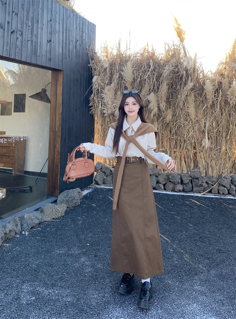 황혼 시애틀 봄 한 부서 레트로 스트라이프 빛 요리 한 바람 느슨함 외국 가스 슬림해 보이는 일상 투피스 세트 상세 이미지 16