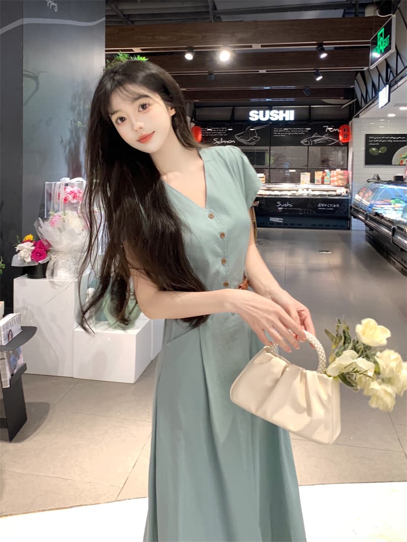 빅 사이즈 점프 슈트 치마 롱 스커트 고급 센스 여성 의류 여름 지방 mm 슬림해 보이는 출퇴근 품격 허리 수축 V넥 드레스 상세 이미지 13