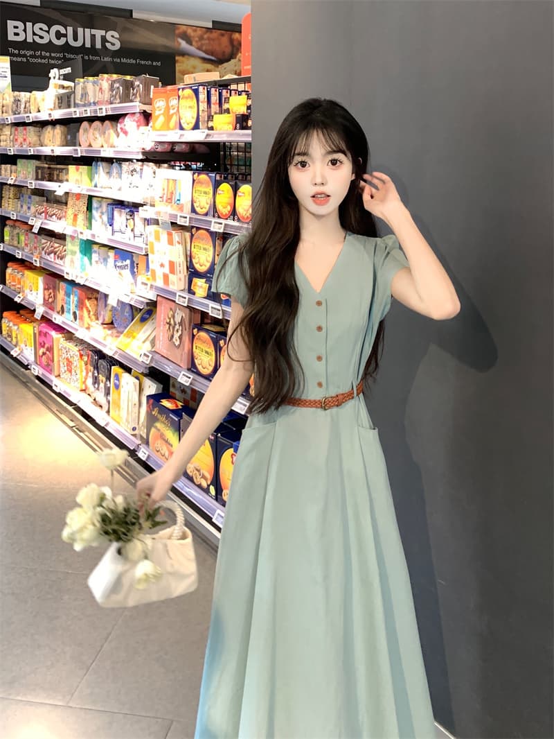 빅 사이즈 점프 슈트 치마 롱 스커트 고급 센스 여성 의류 여름 지방 mm 슬림해 보이는 출퇴근 품격 허리 수축 V넥 드레스 상세 이미지 14
