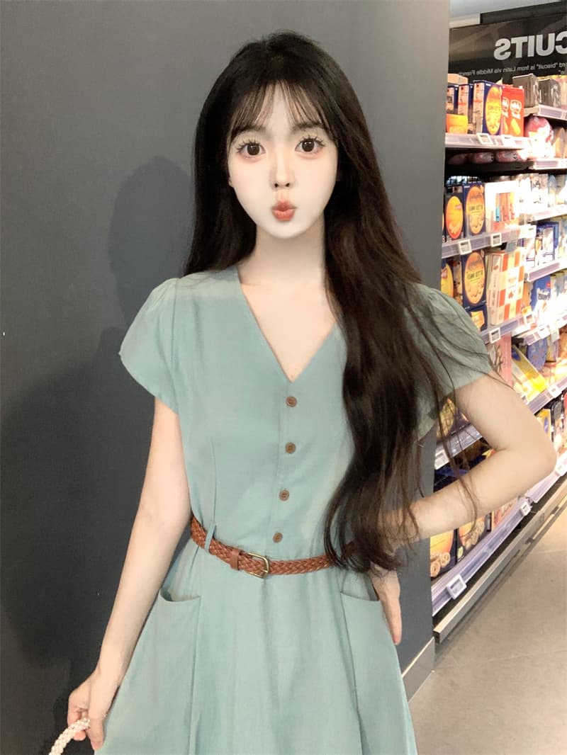 빅 사이즈 점프 슈트 치마 롱 스커트 고급 센스 여성 의류 여름 지방 mm 슬림해 보이는 출퇴근 품격 허리 수축 V넥 드레스 상세 이미지 16