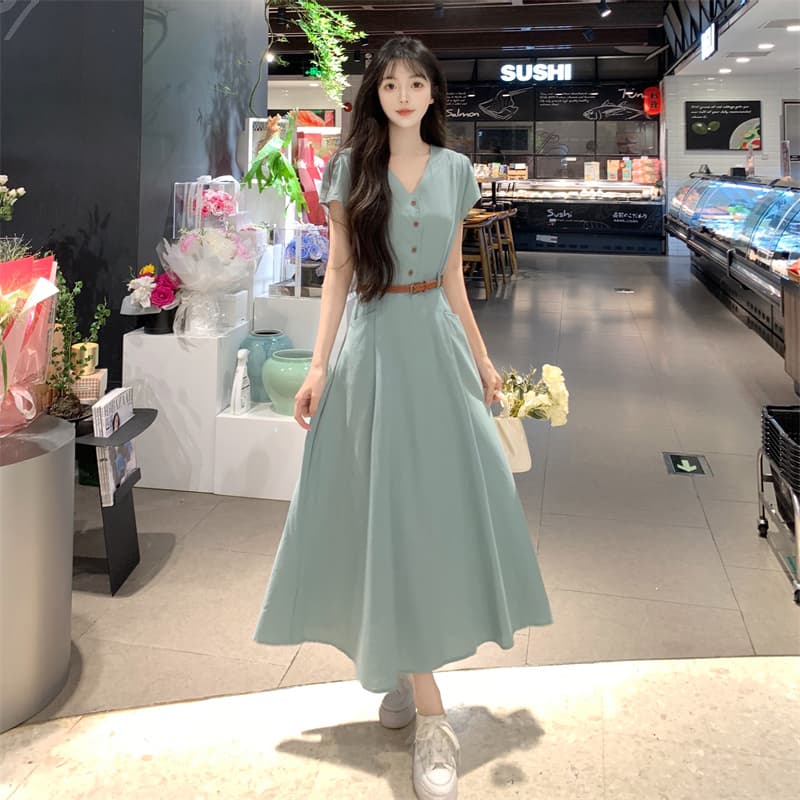 빅 사이즈 점프 슈트 치마 롱 스커트 고급 센스 여성 의류 여름 지방 mm 슬림해 보이는 출퇴근 품격 허리 수축 V넥 드레스 상세 이미지 17