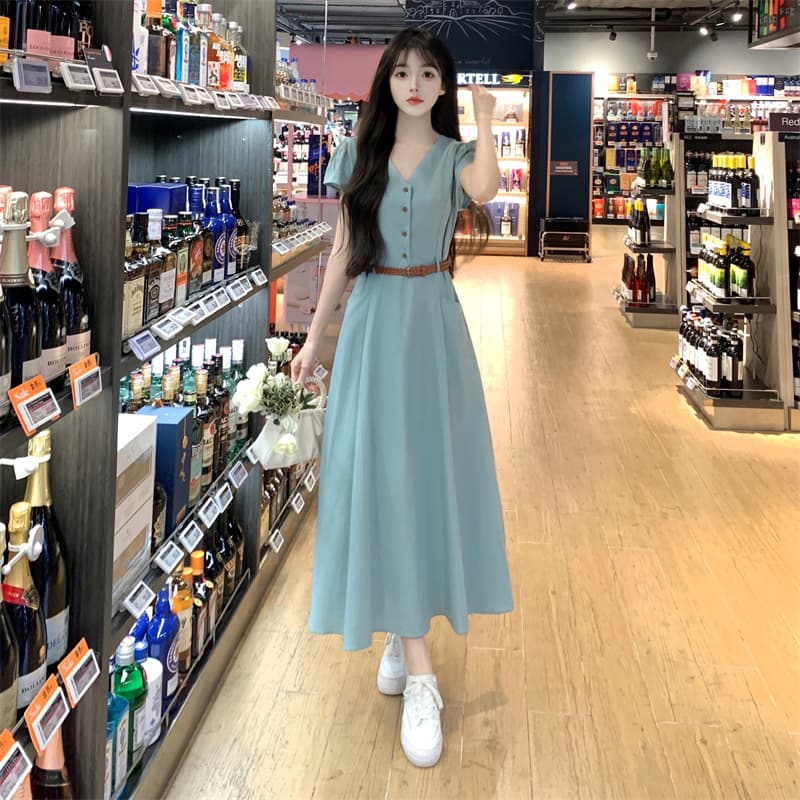 빅 사이즈 점프 슈트 치마 롱 스커트 고급 센스 여성 의류 여름 지방 mm 슬림해 보이는 출퇴근 품격 허리 수축 V넥 드레스 상세 이미지 24