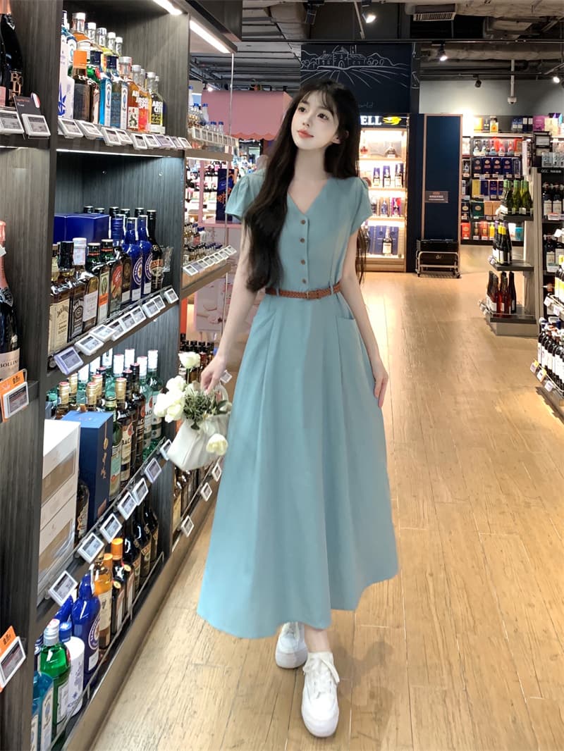 빅 사이즈 점프 슈트 치마 롱 스커트 고급 센스 여성 의류 여름 지방 mm 슬림해 보이는 출퇴근 품격 허리 수축 V넥 드레스 상세 이미지 27