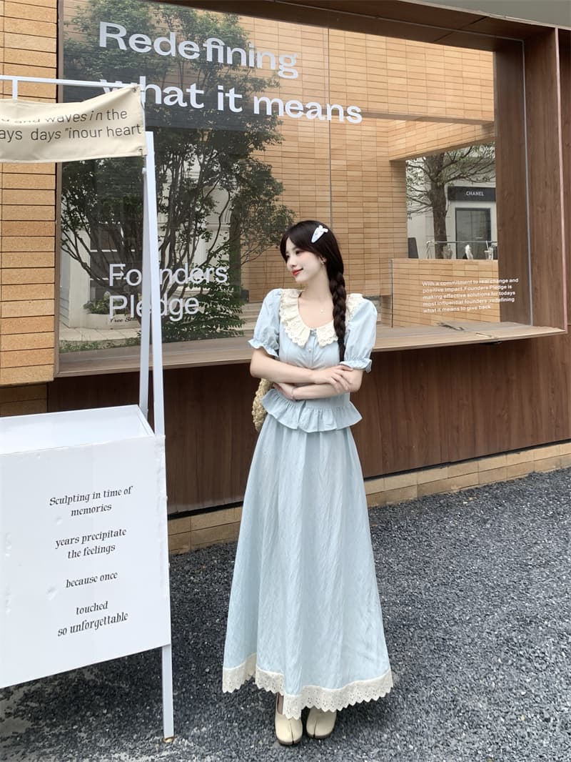 한 부서 달콤함 레이스 반팔 셔츠 하이웨이스트 반신 스커트 연령 감소 투피스 세트 패션 착용 가져 가라. 이미지 4