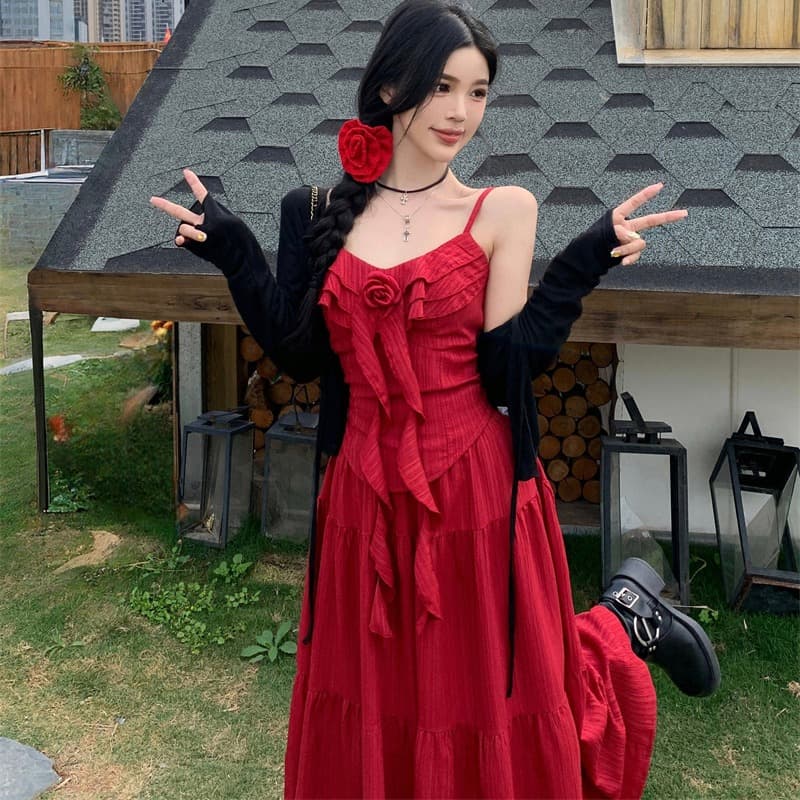 빅 사이즈 한 부서 순수한 욕망 바람 프릴 슬립 세 조각 여성 세트 봄 여름 지방 mm 프랑스식 레트로 허리 수축 슬림해 보이는 롱 스커트 이미지 5