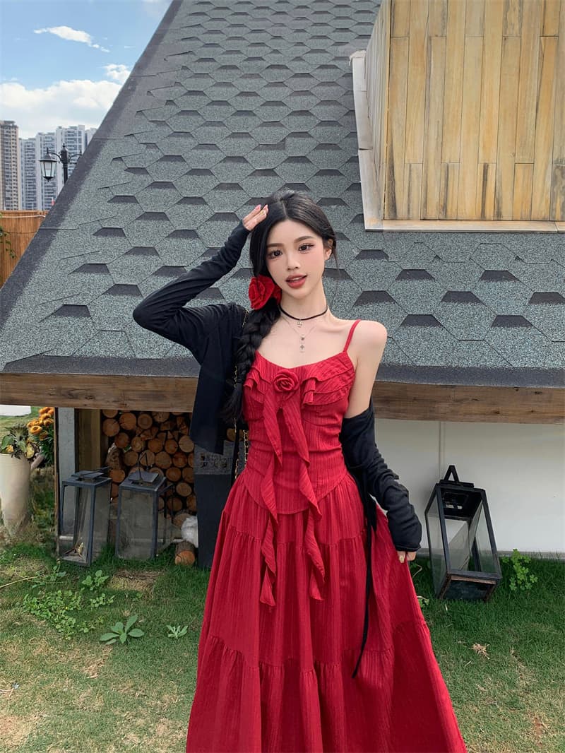 빅 사이즈 한 부서 순수한 욕망 바람 프릴 슬립 세 조각 여성 세트 봄 여름 지방 mm 프랑스식 레트로 허리 수축 슬림해 보이는 롱 스커트 상세 이미지 4