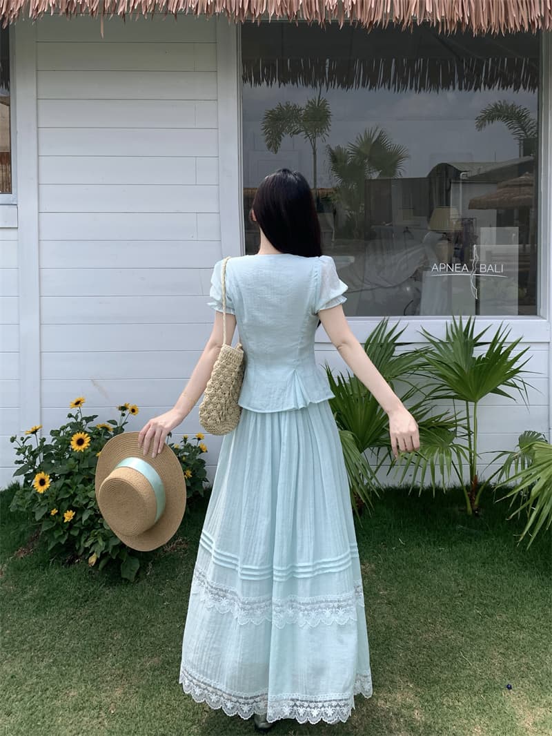 지방 mm 표지 고기 슬림해 보이는 여름 착용 가져 가라. 세트 여성 여름 레이스 반팔 셔츠 반 스커트 빅 사이즈 연령 감소 투피스 세트 상세 이미지 1