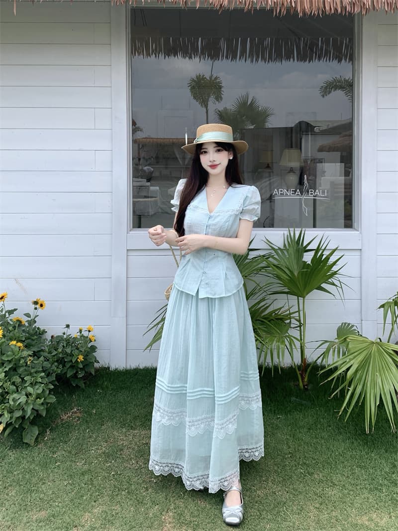 지방 mm 표지 고기 슬림해 보이는 여름 착용 가져 가라. 세트 여성 여름 레이스 반팔 셔츠 반 스커트 빅 사이즈 연령 감소 투피스 세트 상세 이미지 6