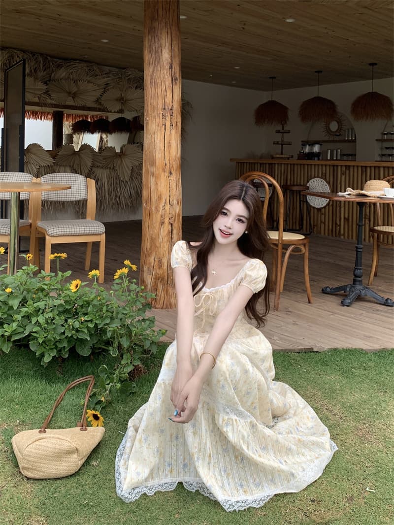 어린이 차 휴식 프랑스식 고유 한 아름다운 고급 센스 황색 꽃무늬 여성 드레스 여름 허리 수축 품격 롱 스커트 상세 이미지 5