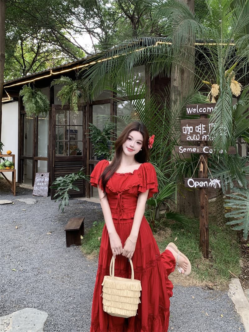 레트로 와인 빨간색 세트 오프숄더 연꽃 잎 소매 맨위 무거운 작업 큰 진자 반 스커트 상세 이미지 9