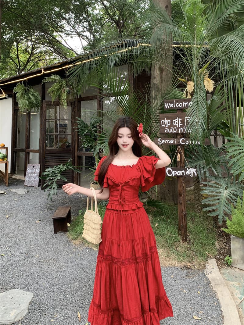 레트로 와인 빨간색 세트 오프숄더 연꽃 잎 소매 맨위 무거운 작업 큰 진자 반 스커트 상세 이미지 12