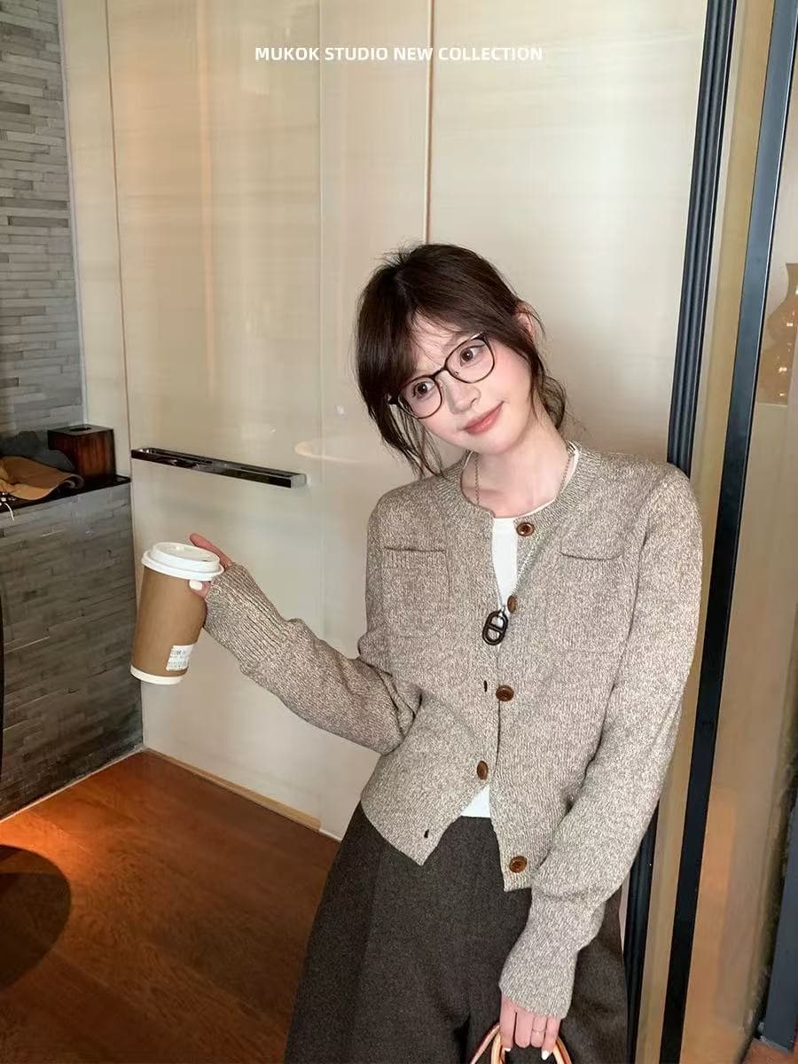 배색 부드러운 찹쌀 이중선 라운드 넥 모직물 오픈 가디건 클래식 작은 샤넬 스타일 긍정적 인 어깨 쇼트 스타일 맨위