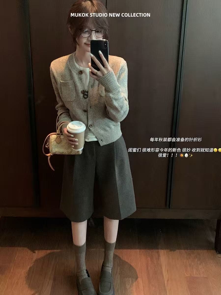 배색 부드러운 찹쌀 이중선 라운드 넥 모직물 오픈 가디건 클래식 작은 샤넬 스타일 긍정적 인 어깨 쇼트 스타일 맨위 이미지 2