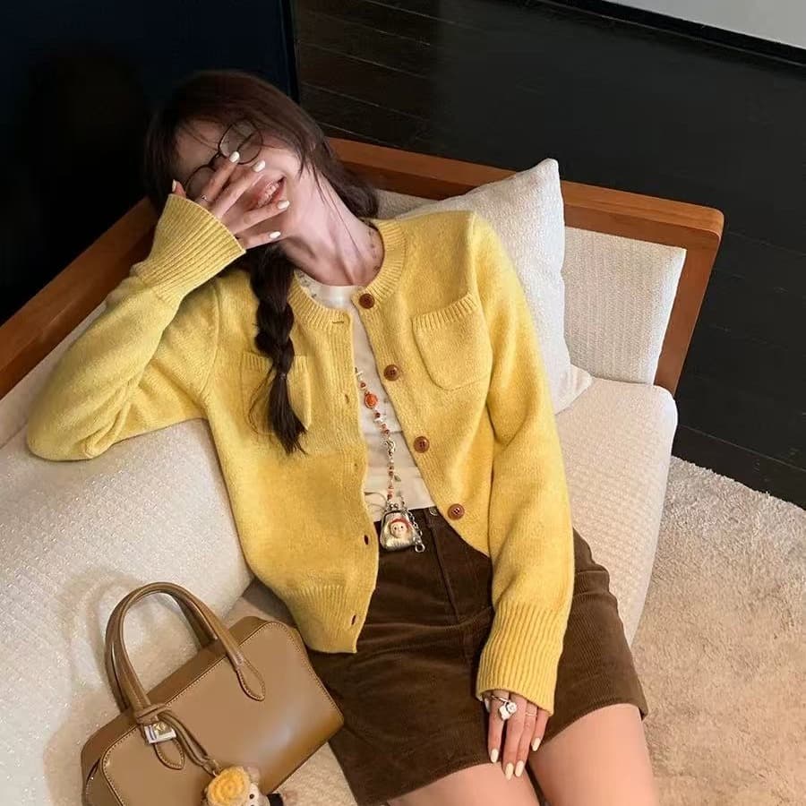 배색 부드러운 찹쌀 이중선 라운드 넥 모직물 오픈 가디건 클래식 작은 샤넬 스타일 긍정적 인 어깨 쇼트 스타일 맨위 이미지 5